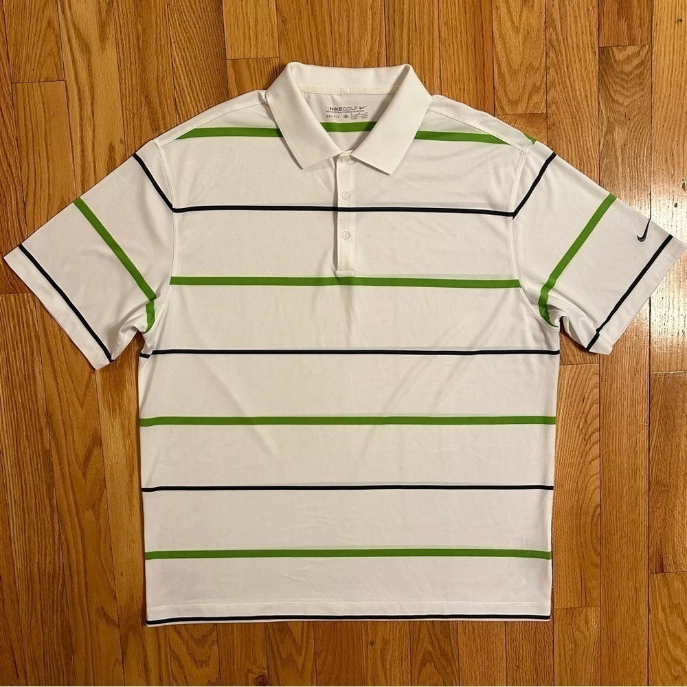 NIKE GOLF Dri-Fit White Grass Green Black Stripe Three Button Polo Shirt sz XL